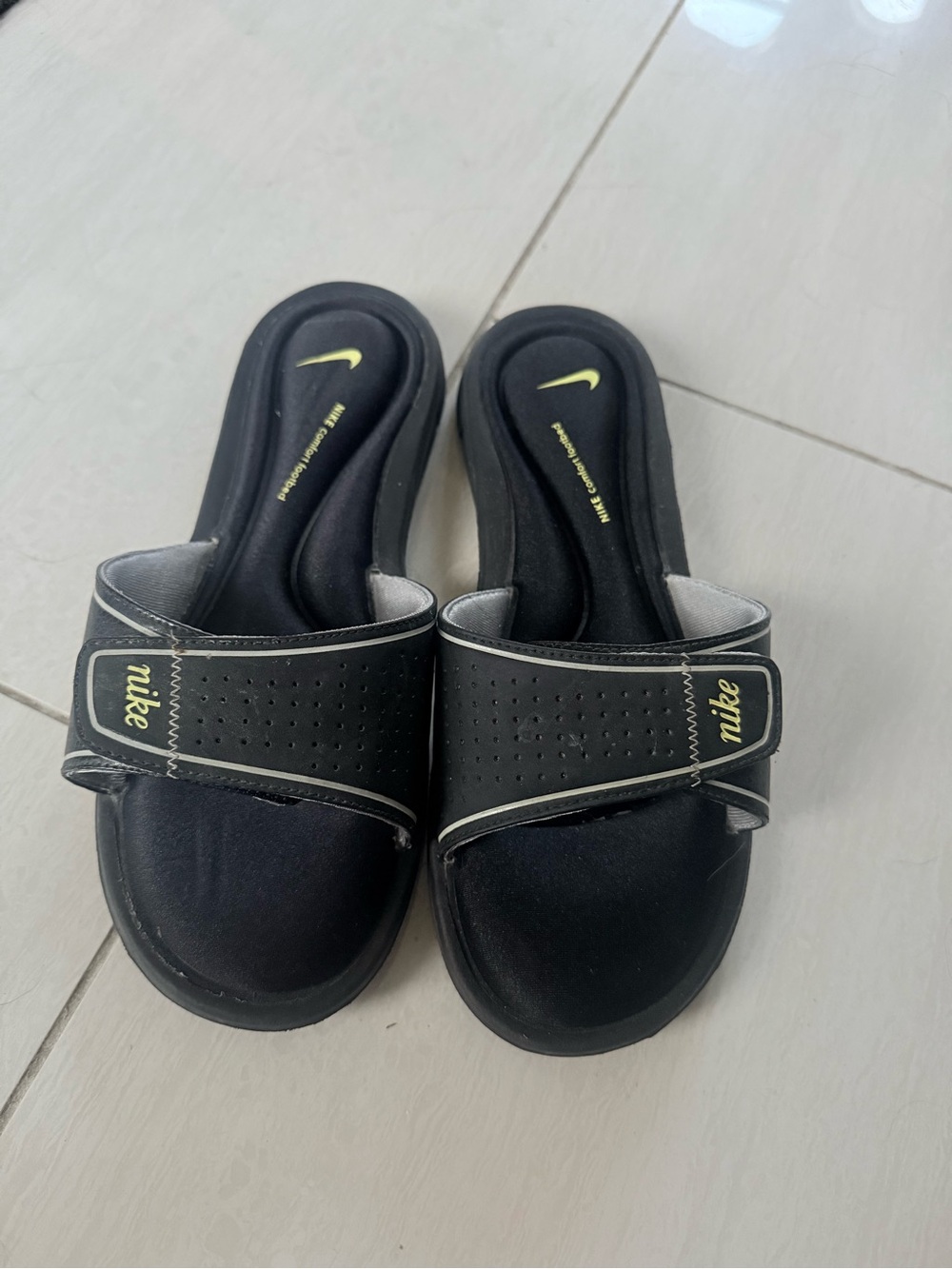 Nike Women’s Black Slide Sandals with Yellow Logos